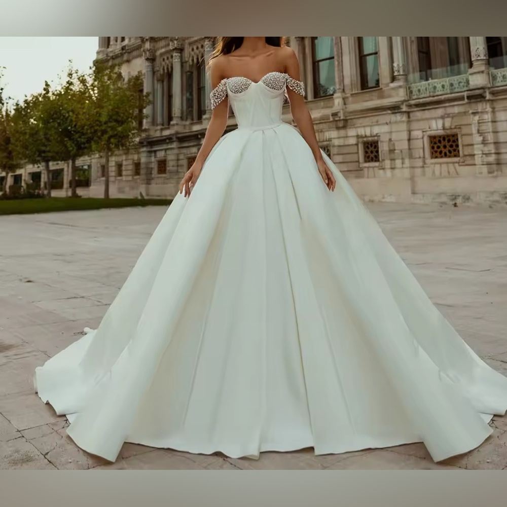 NEW $1485 Lenora Satin and Pearls Elegant Off-Shoulder White Gown Wedding Dress